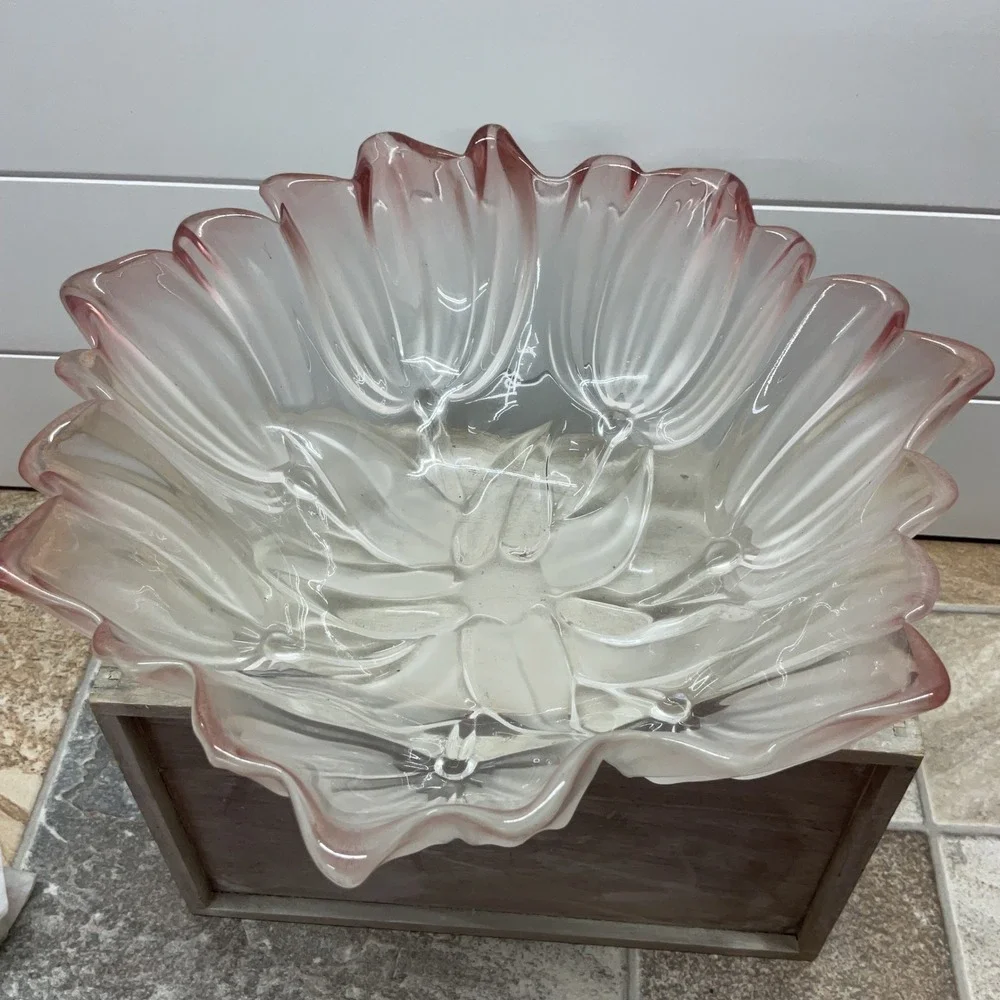 Pink Frosted Glass Tulip Petal Centerpiece Bowl Scalloped Floral 11 Inch